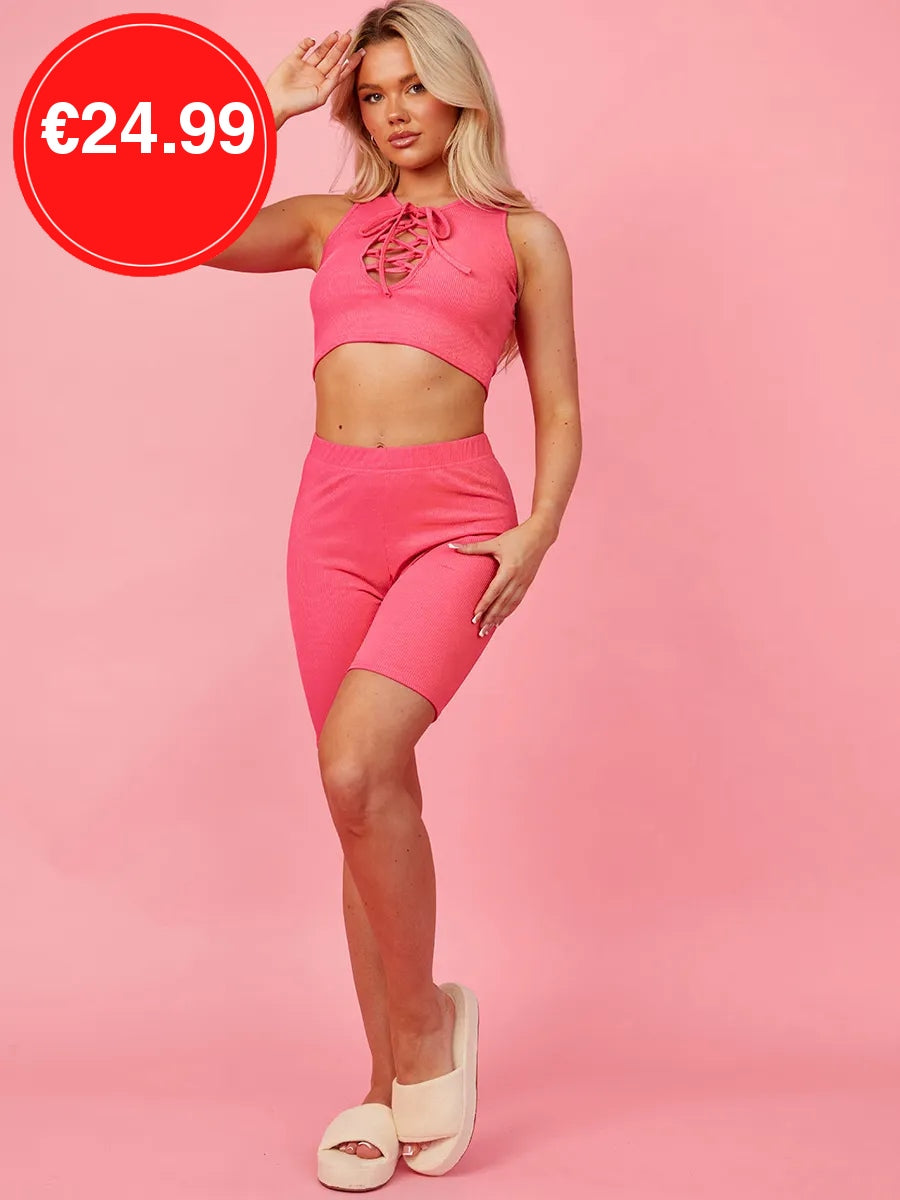 Pink Lace Up Plunge Neck Crop Top & Shorts Co-Ord Set