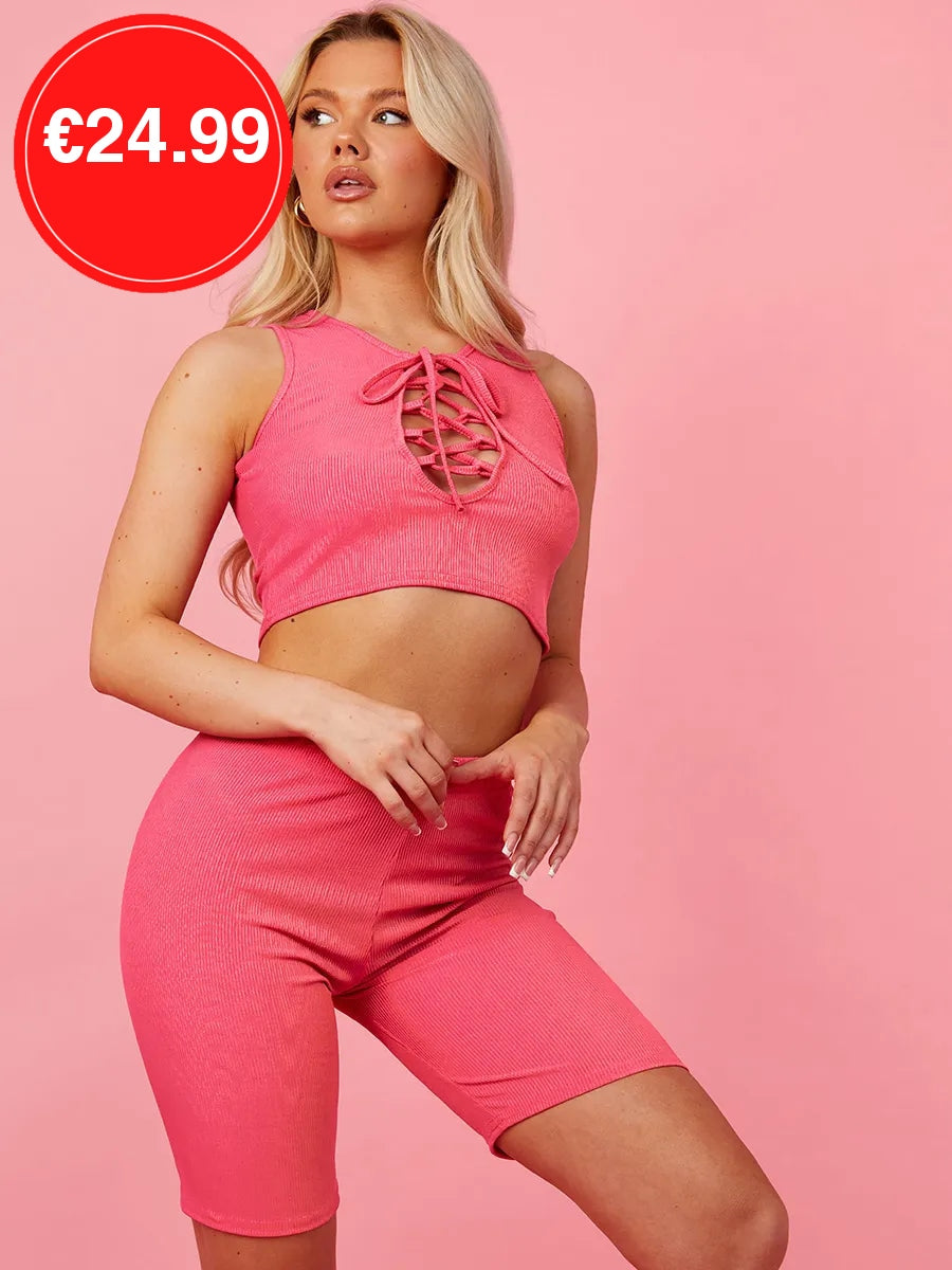 Pink Lace Up Plunge Neck Crop Top & Shorts Co-Ord Set