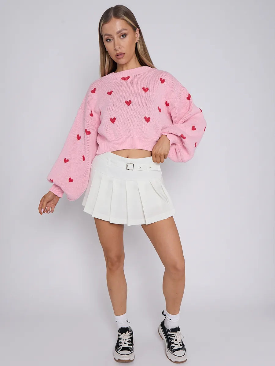 Pink Love Heart Detail Oversized Cropped Knitted Jumper