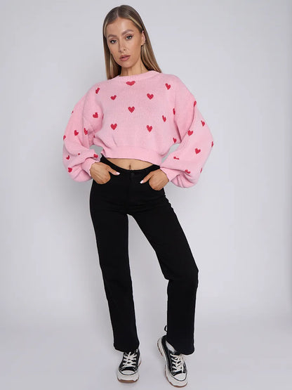 Pink Love Heart Detail Oversized Cropped Knitted Jumper