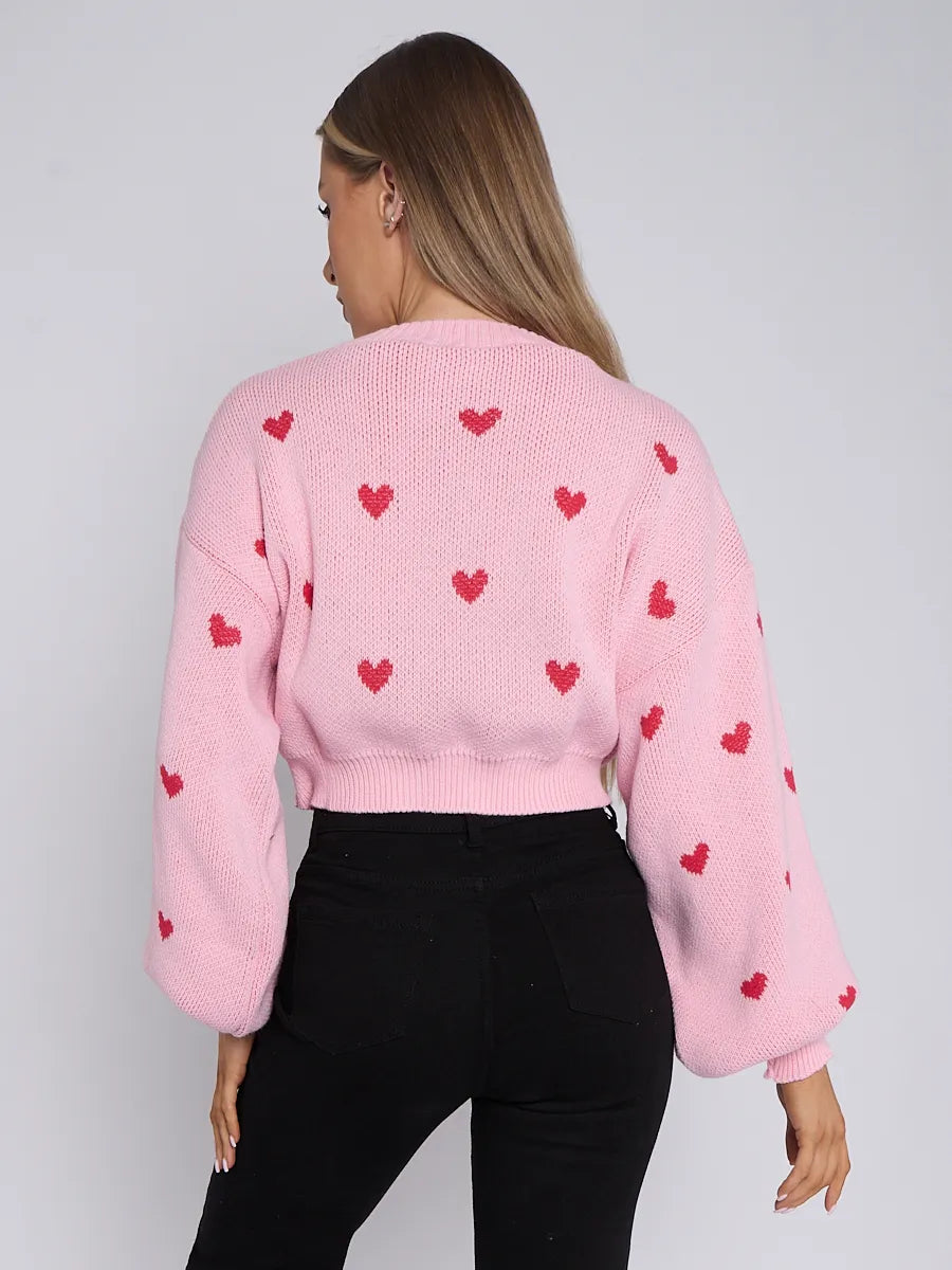 Pink Love Heart Detail Oversized Cropped Knitted Jumper