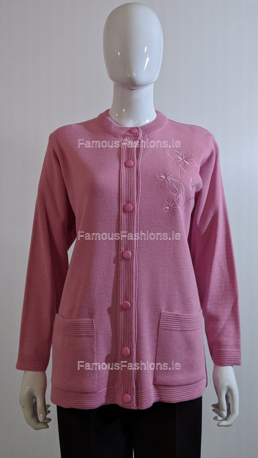 Pink Round Neck Button Pocket Cardigan