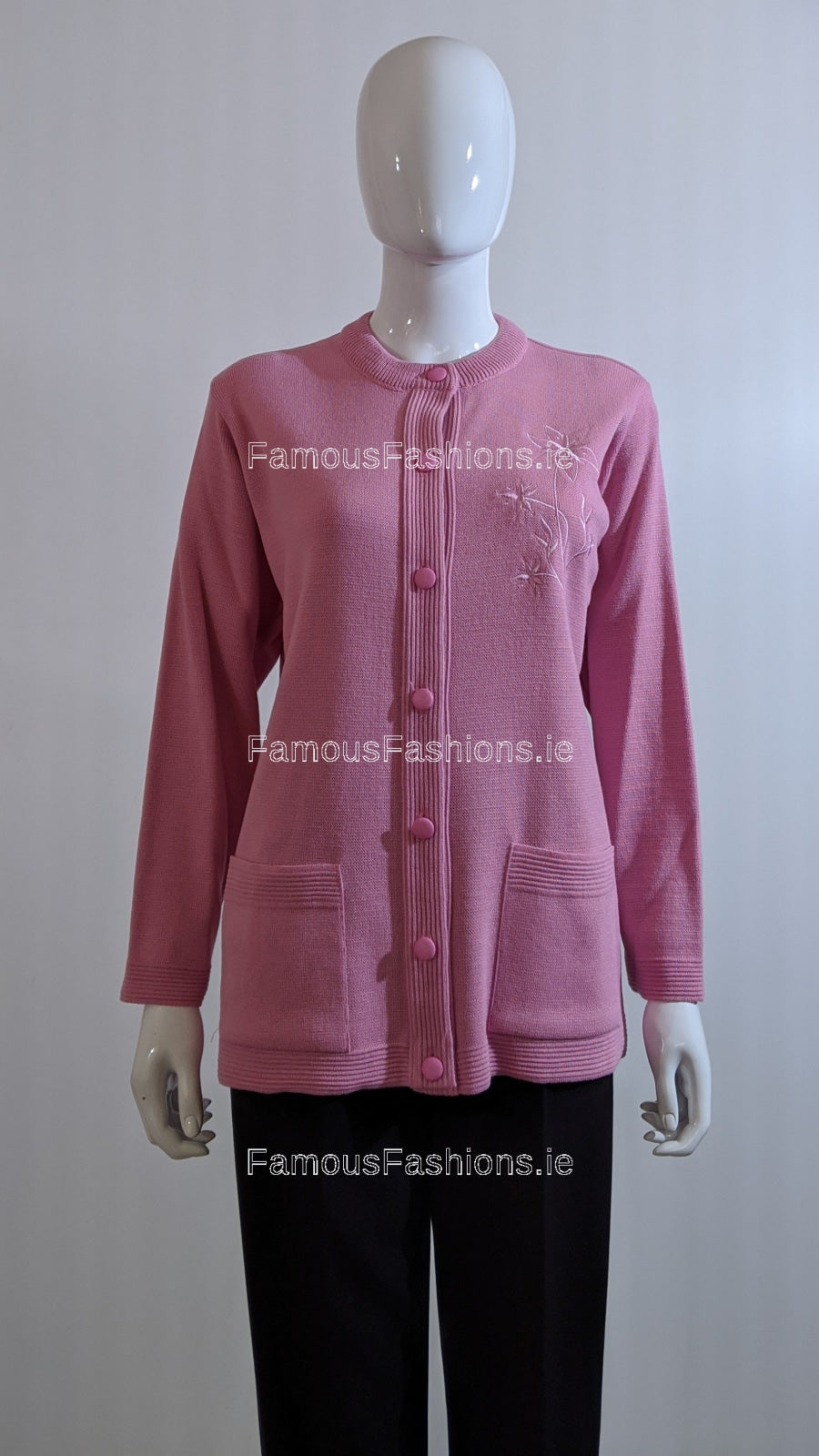 Pink Round Neck Button Pocket Cardigan