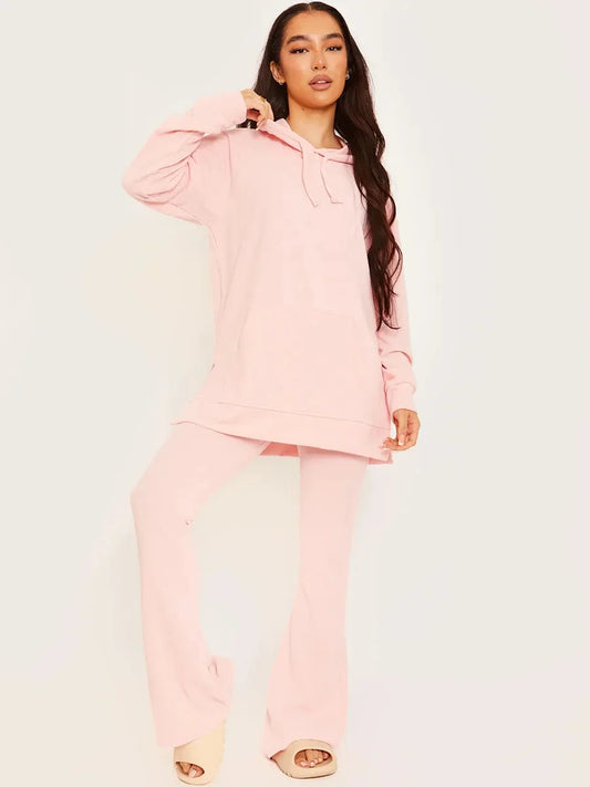 Pink Top & Flared Trousers Ribbed Loungewear Co-ord