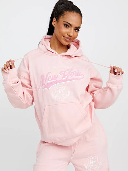 Pink Towelling Embroidered New York Hooded Fleece Loungewear Set