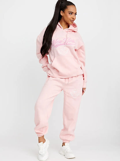 Pink Towelling Embroidered New York Hooded Fleece Loungewear Set