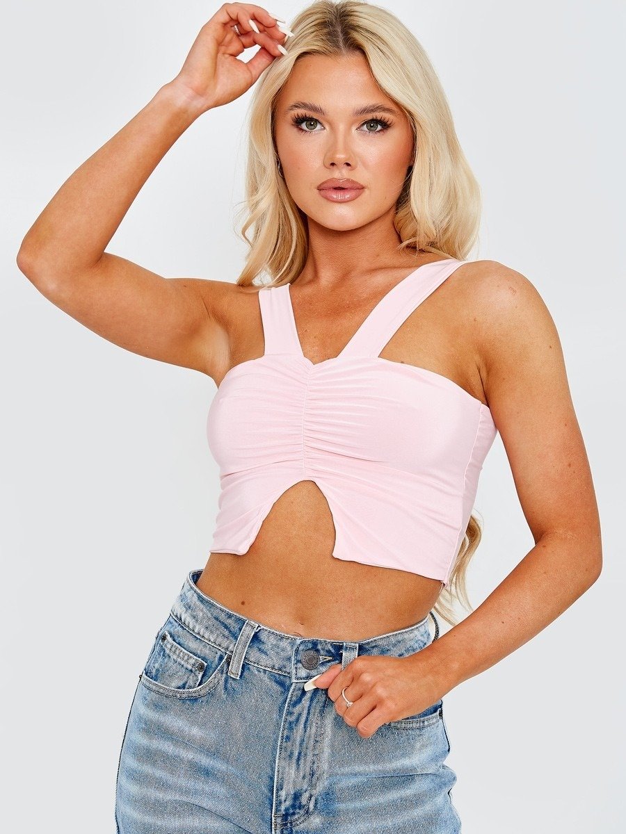 Pink V-Neck Strap Ruched Crop Top