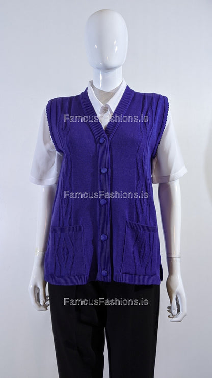 Purple Button Up Knitted Waistcoat Cardigan with Pockets