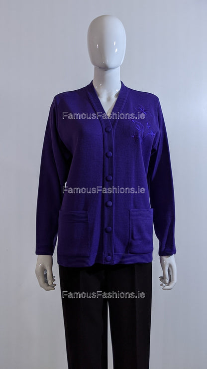 Purple V-Neck Button Pocket Cardigan