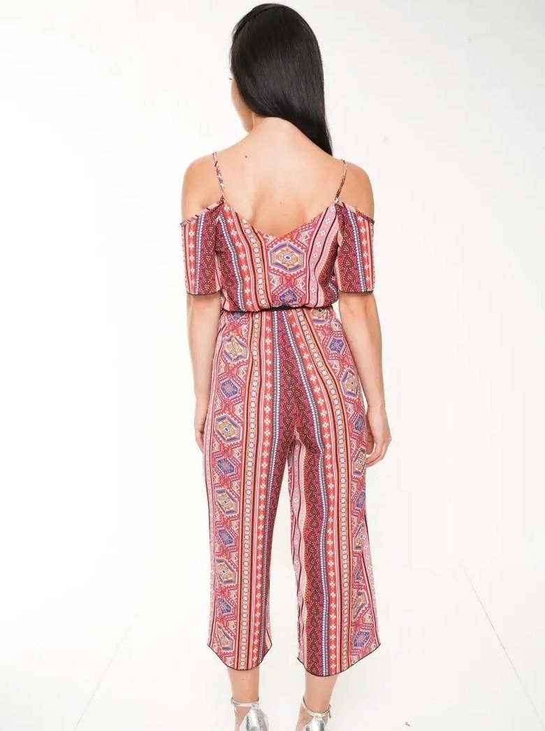 Red Shoulder Cut Paisley Jumpsuit