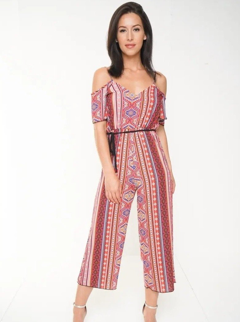 Red Shoulder Cut Paisley Jumpsuit