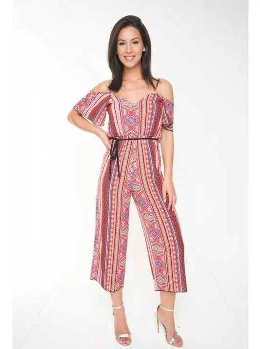 Red Shoulder Cut Paisley Jumpsuit