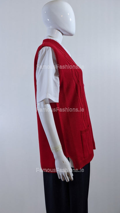 Red Button Up Knitted Waistcoat Cardigan with Pockets