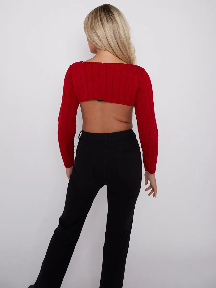 Red Long Sleeves Asymmetric Dip Hem Ribbed Knit Crop Top