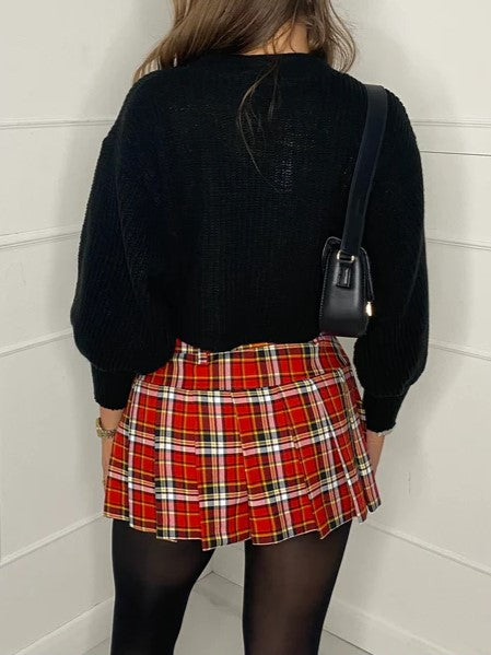 Red Pleated Checked Tartan Mini Plain Tennis Skort With Belt