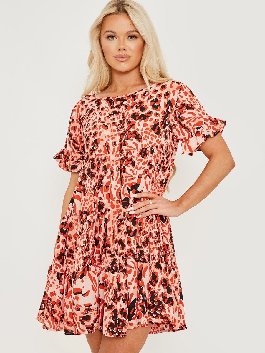 Red Printed Smock Dress