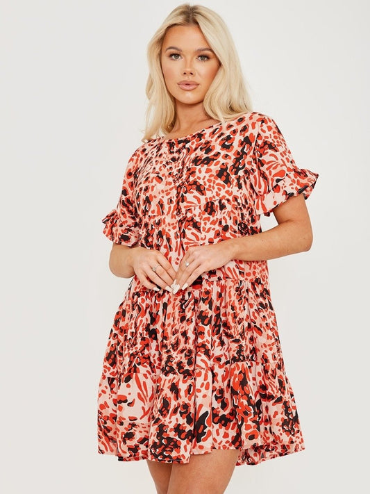 Red Printed Smock Dress