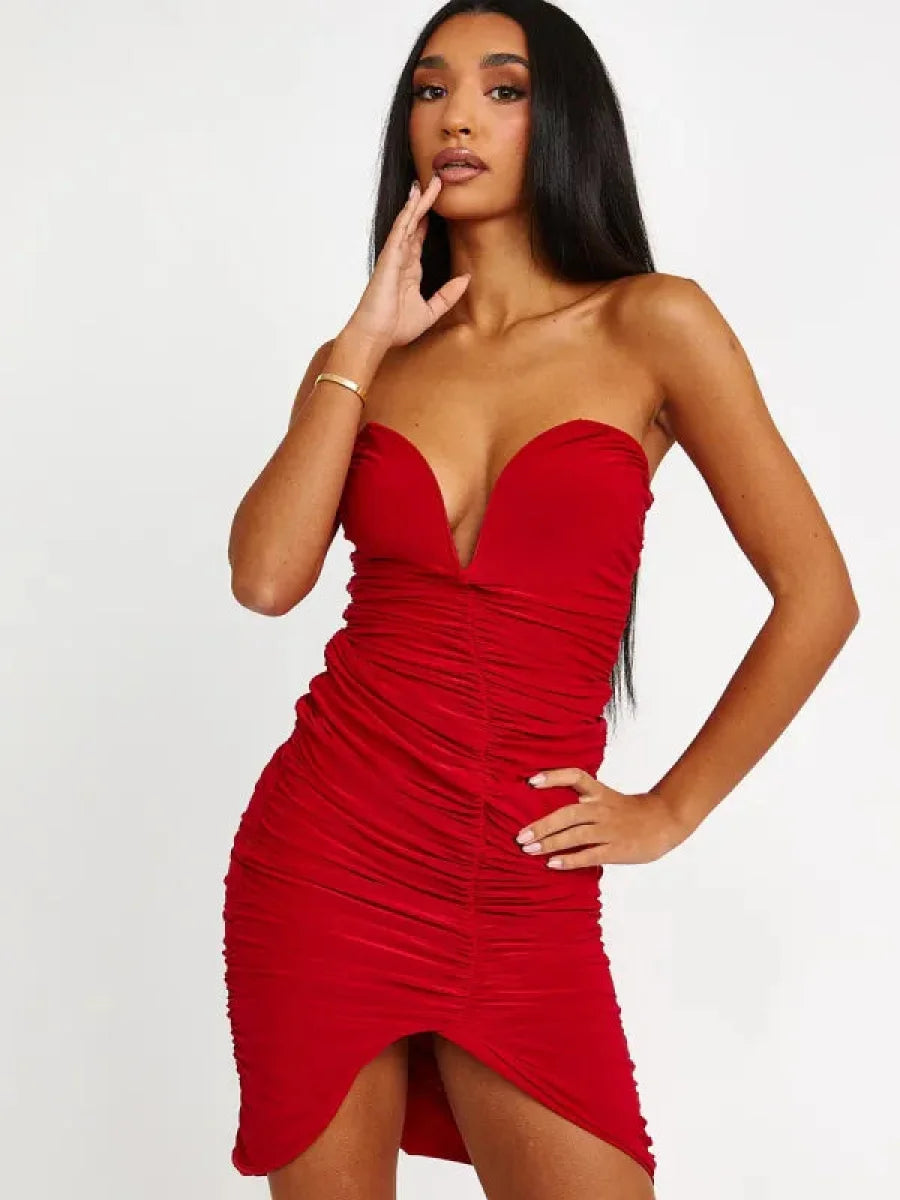 Red V-Bar Slinky Ruched Bandeau Bodycon Dress