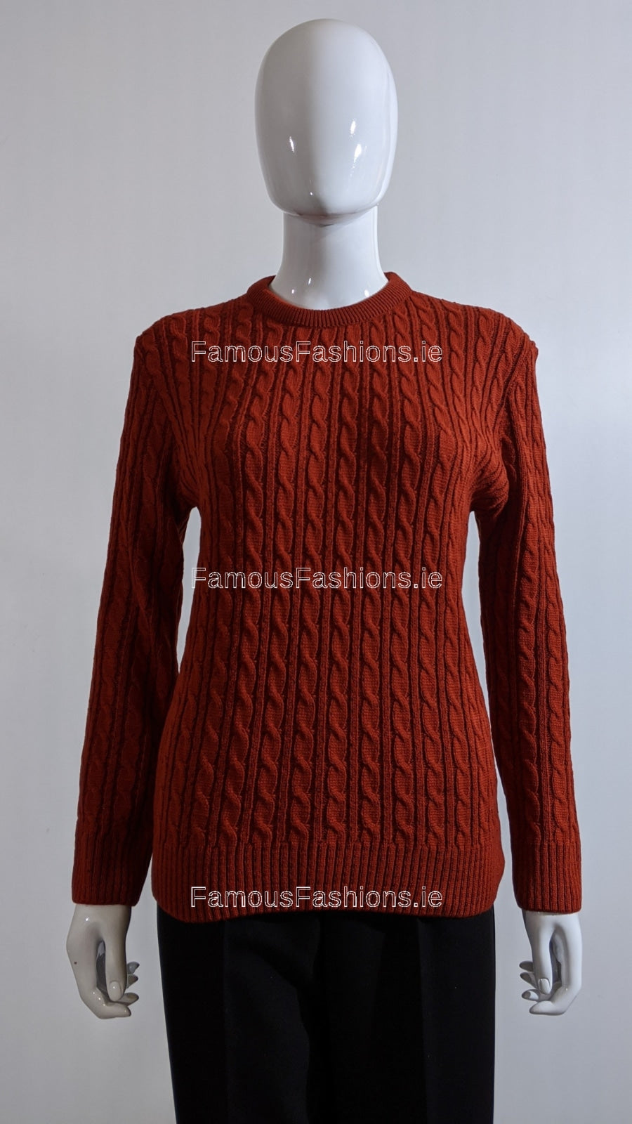 Rust Round Neck Cable Knit Jumper