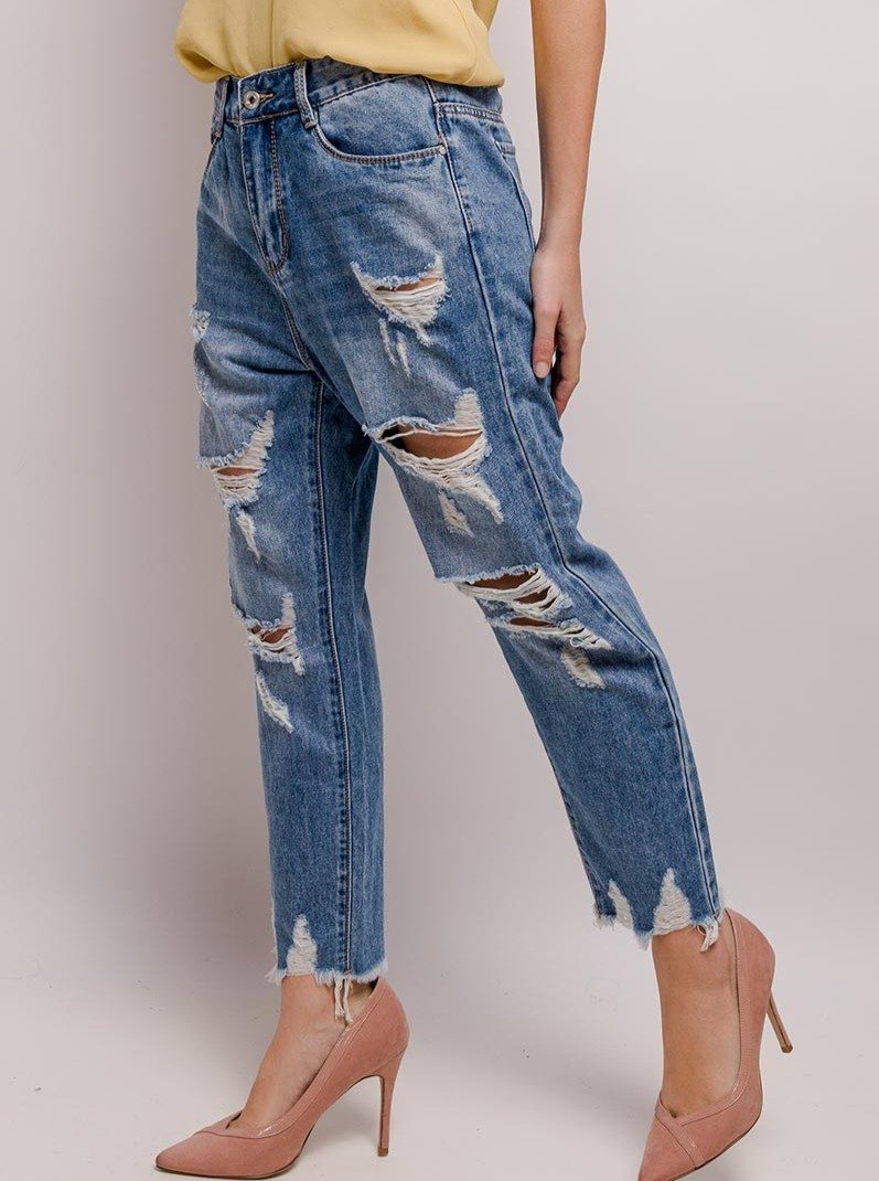 Denim Blue Ripped Boyfriend Mom Jeans