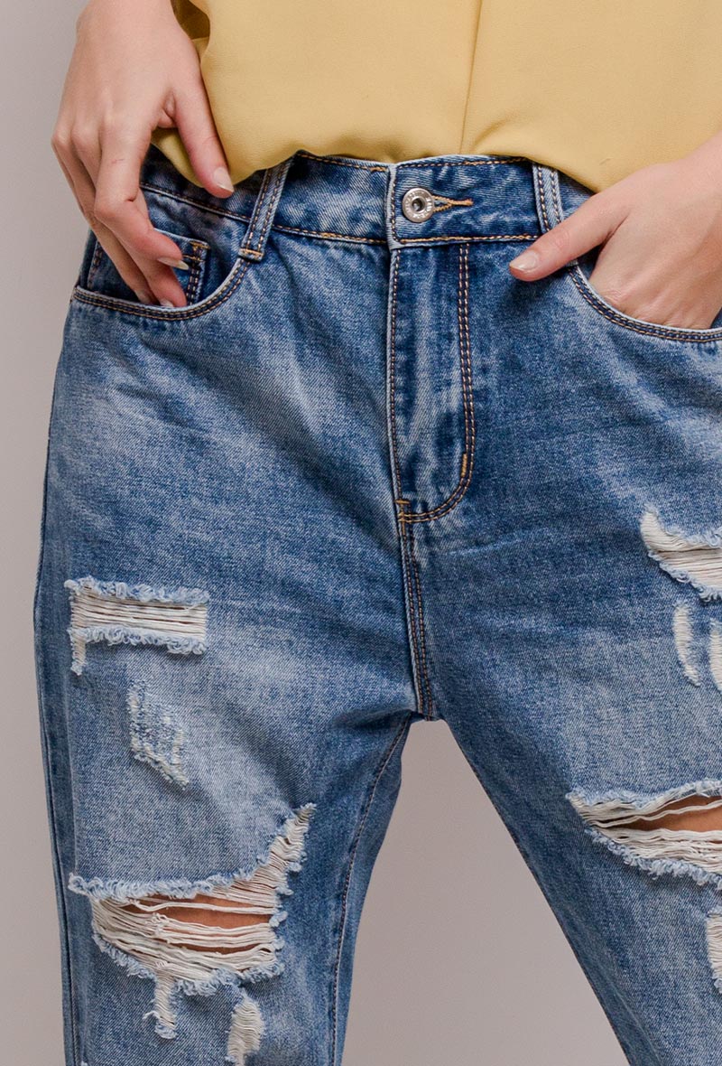 Denim Blue Ripped Boyfriend Mom Jeans