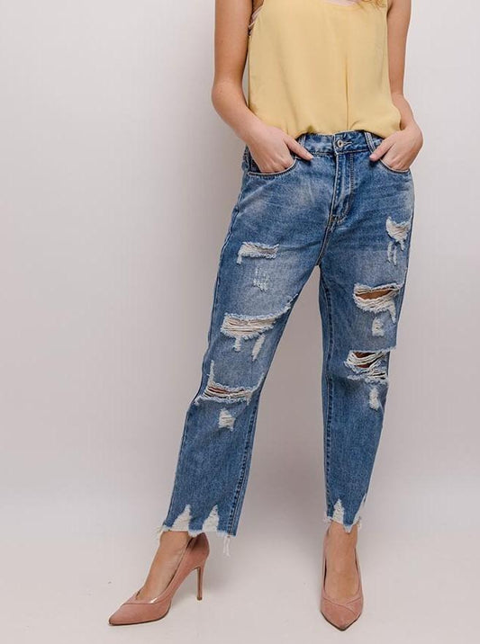 Denim Blue Ripped Boyfriend Mom Jeans