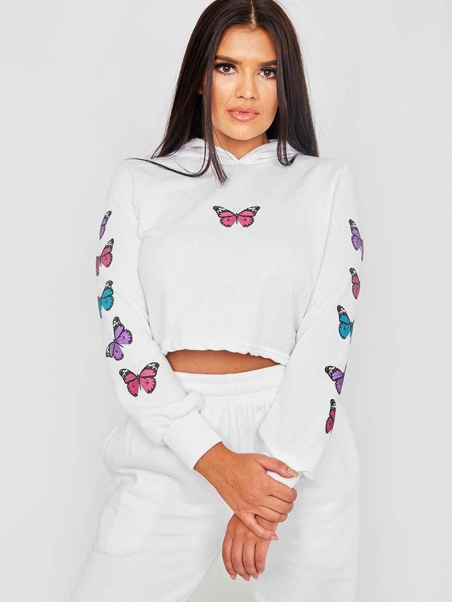 White Butterfly Graphic Print Cropped Hoodie