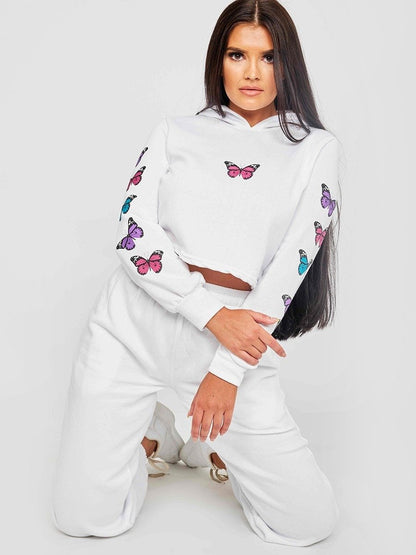 White Butterfly Graphic Print Cropped Hoodie