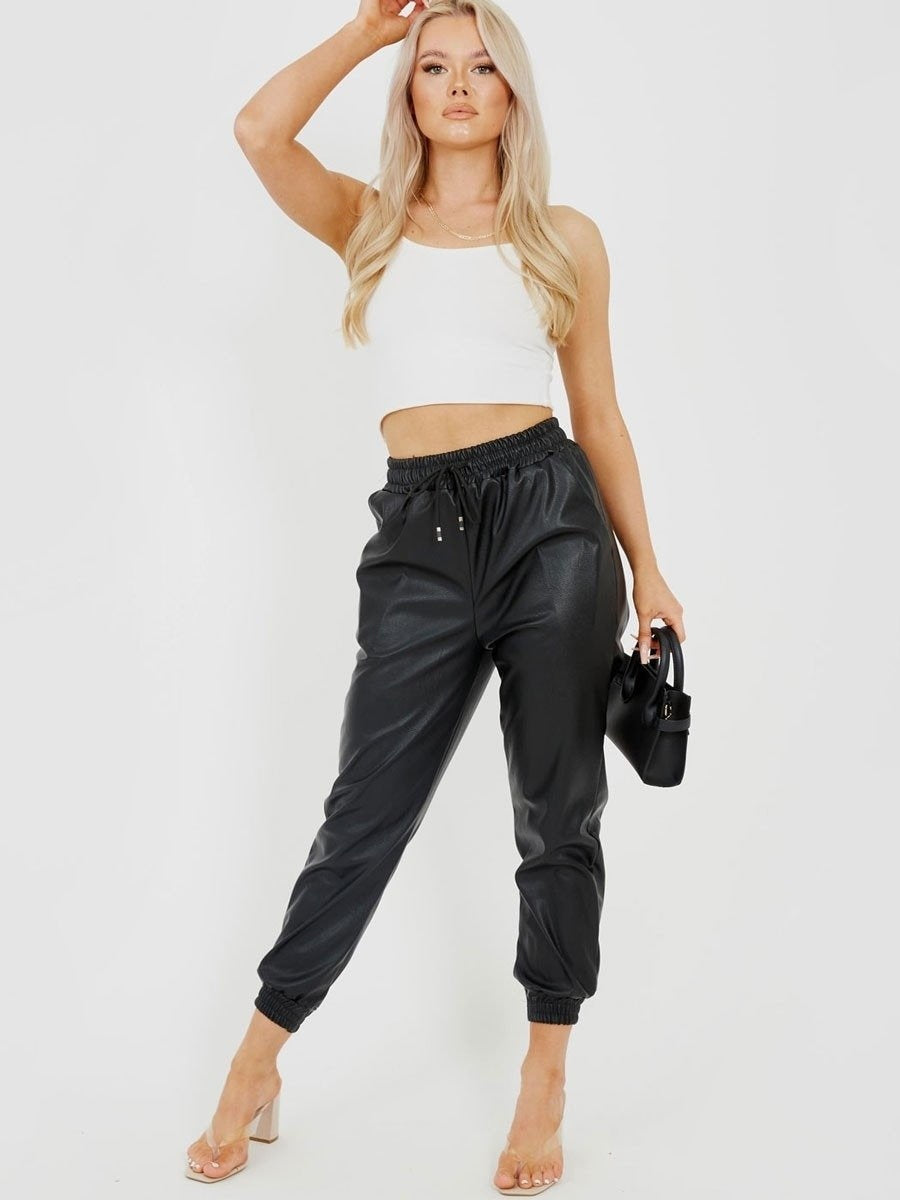 Black Faux Leather PU Jogger Trouser