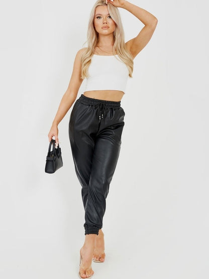 Black Faux Leather PU Jogger Trouser