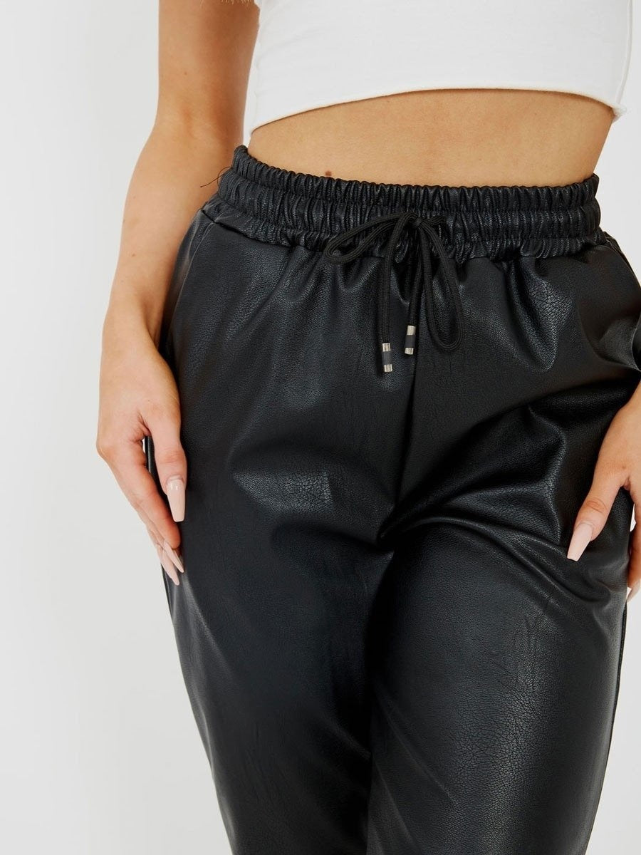 Black Faux Leather PU Jogger Trouser