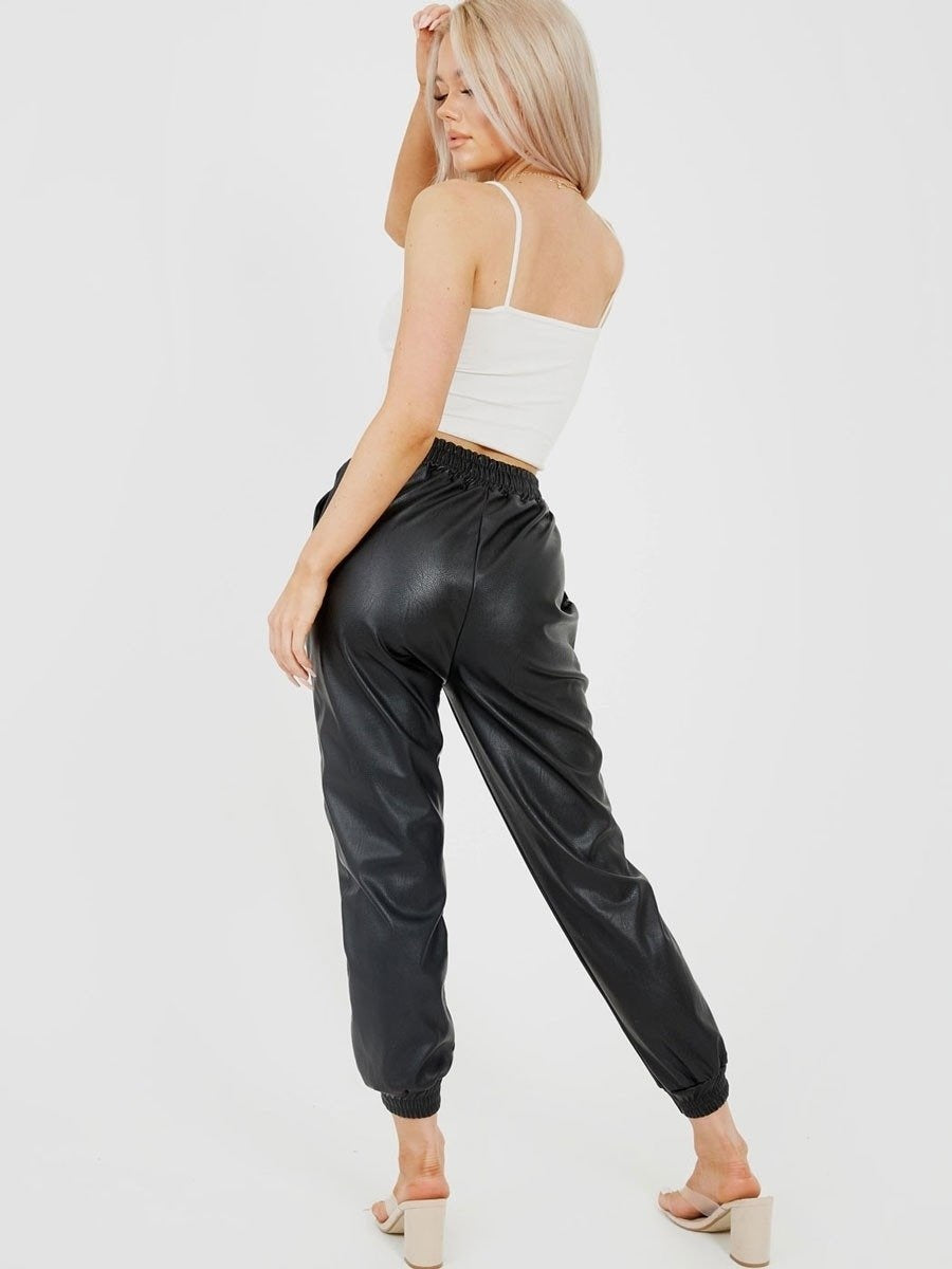 Black Faux Leather PU Jogger Trouser