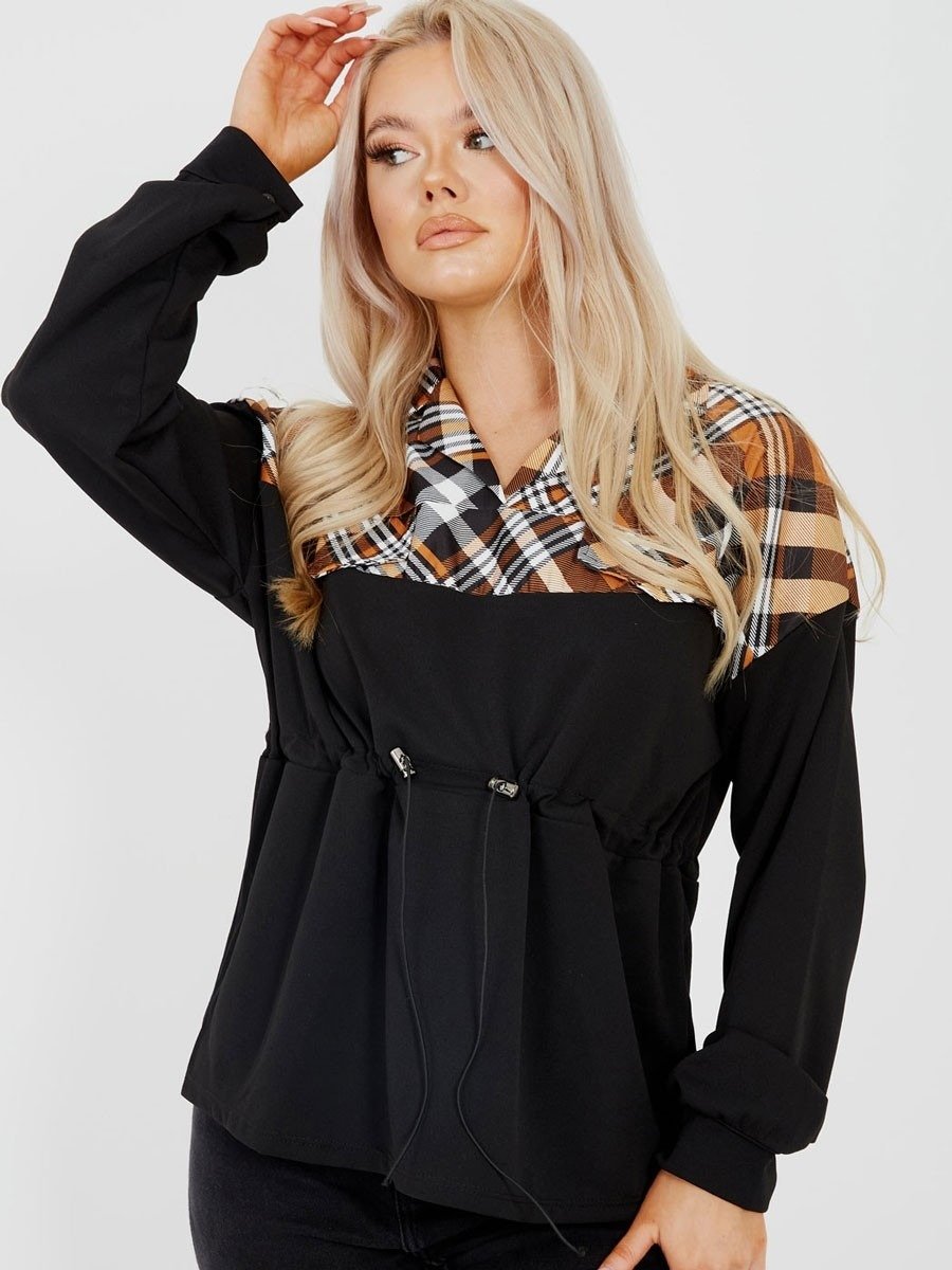 Black Check Drawstring Top