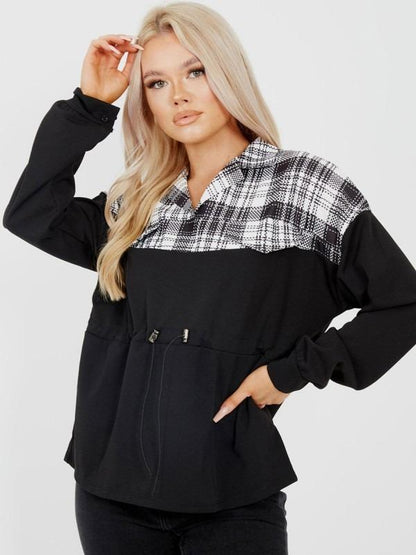 Black Distorted Check Drawstring Top