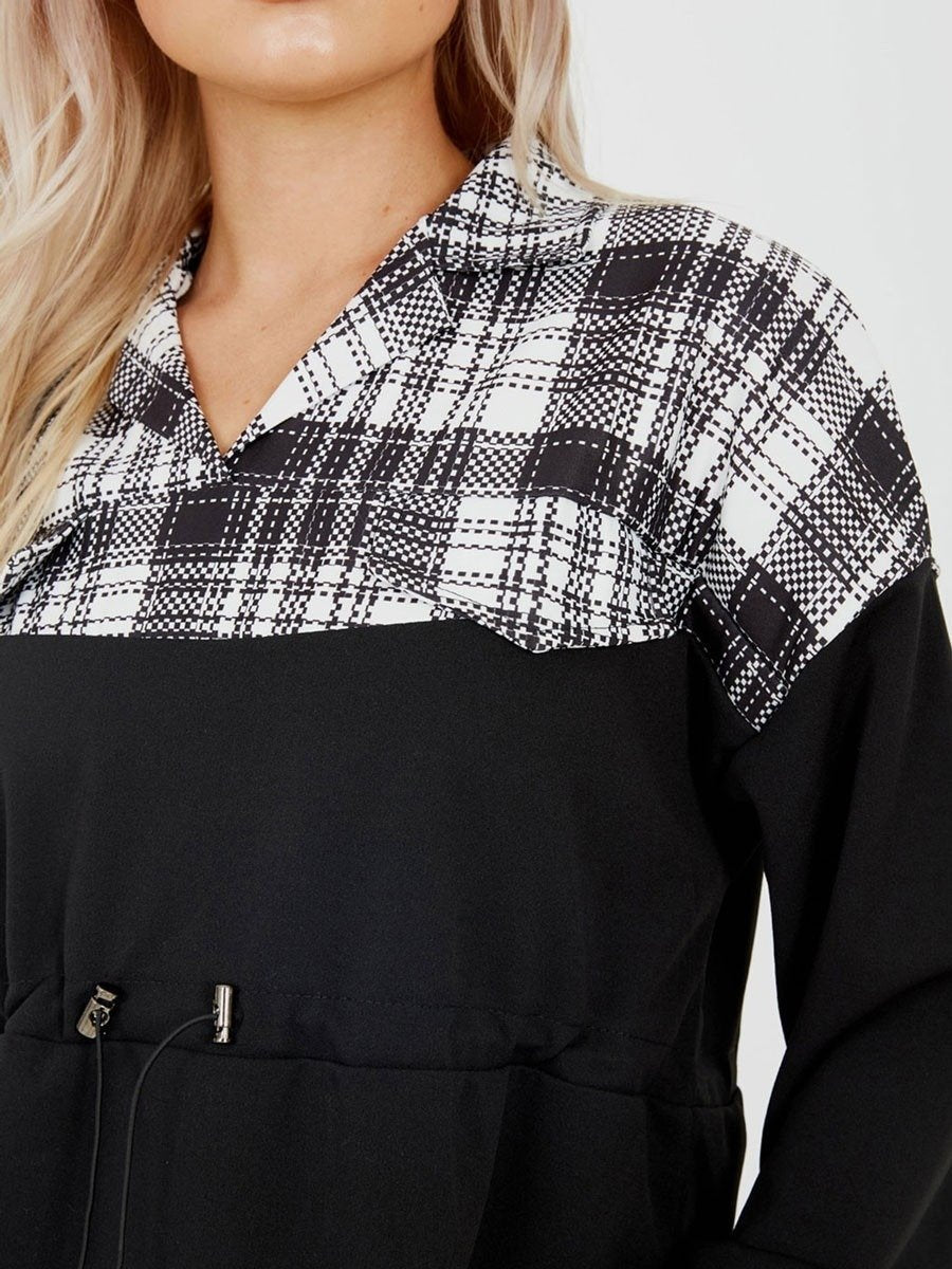 Black Distorted Check Drawstring Top