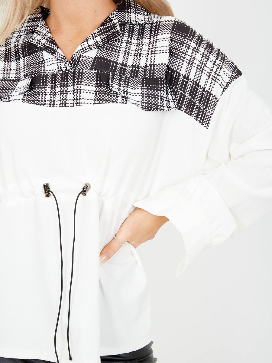 White Distorted Check Drawstring Top