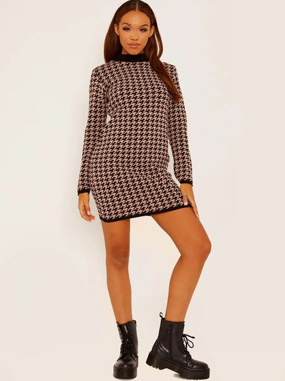 Stone Dogtooth Pattern Knitted Jumper Dress