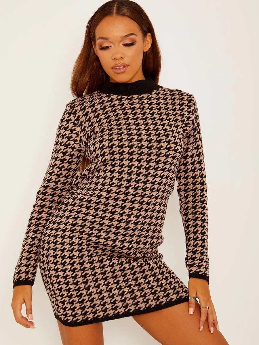 Stone Dogtooth Pattern Knitted Jumper Dress