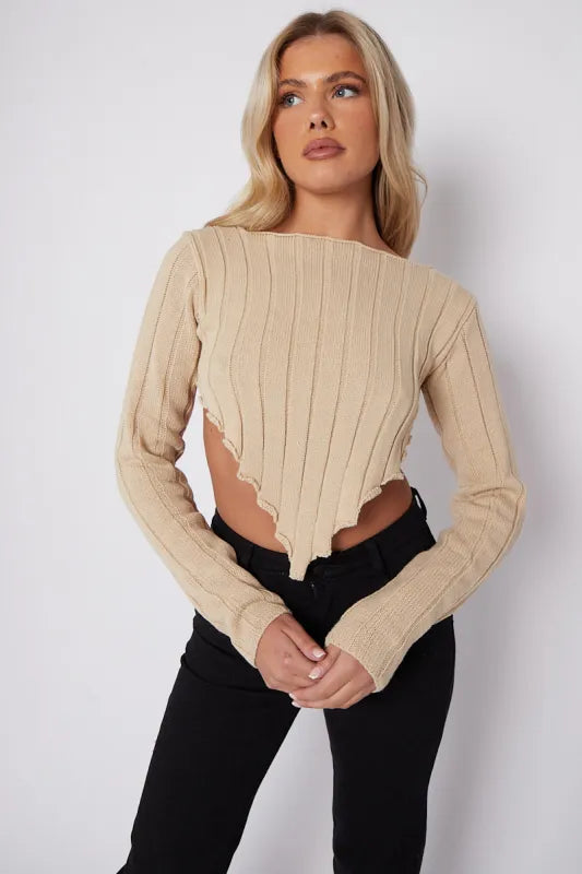 Stone Long Sleeves Asymmetric Dip Hem Ribbed Knit Crop Top