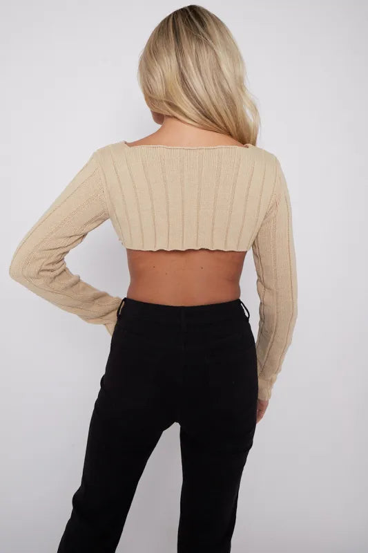 Stone Long Sleeves Asymmetric Dip Hem Ribbed Knit Crop Top