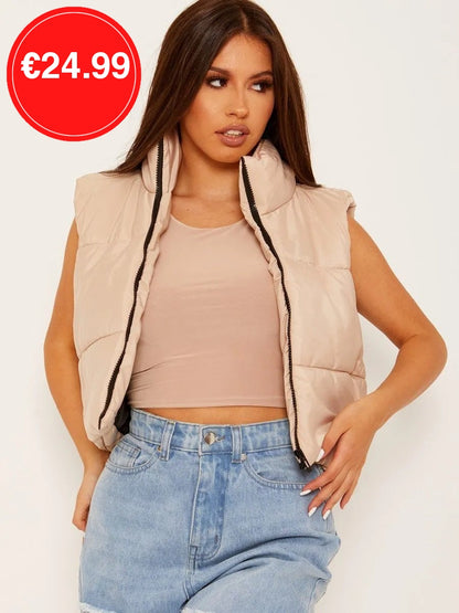 Stone Padded Puffer Cropped Gilet