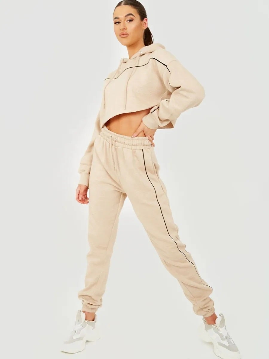 Stone Piping Detail Cropped Hoodie & Jogger Co-Ord Set