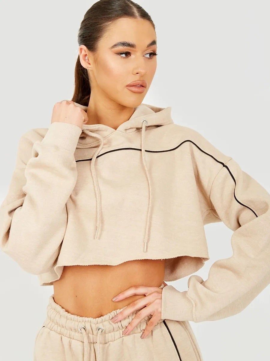 Stone Piping Detail Cropped Hoodie & Jogger Co-Ord Set