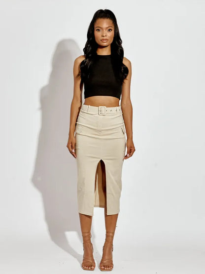 Stone Slit Cargo Style Midi Skirt With Matching Belt