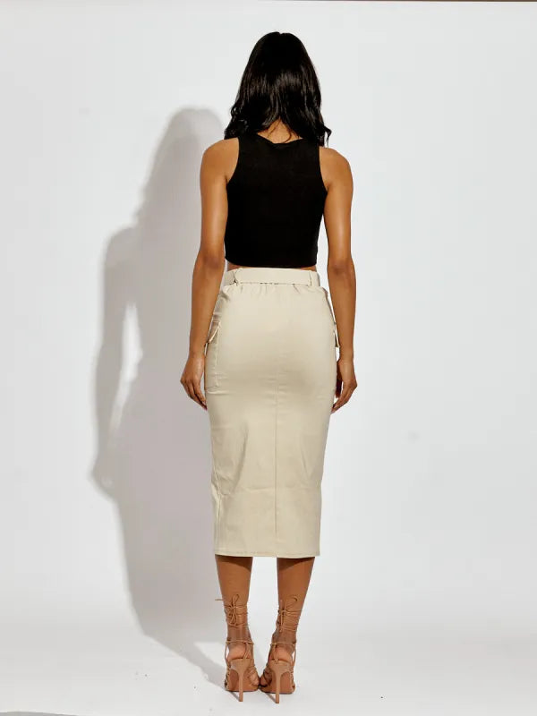 Stone Slit Cargo Style Midi Skirt With Matching Belt