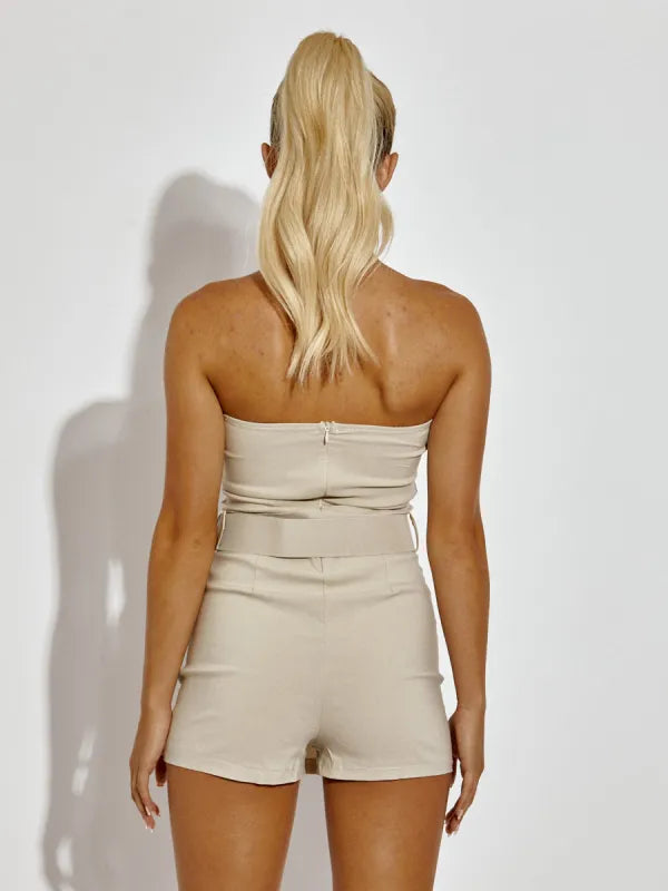 Stone Stretchy Cargo Skort Playsuit With Matching Belt