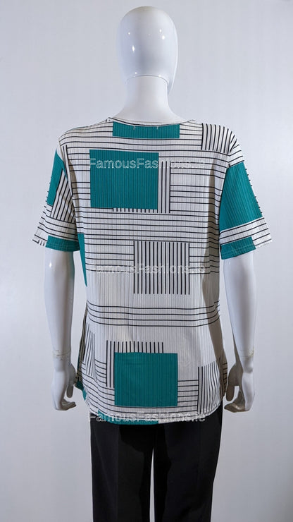 Teal Block Pattern Stripe Short Sleeve Top