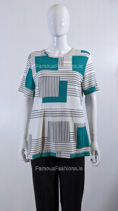 Teal Block Pattern Stripe Short Sleeve Top