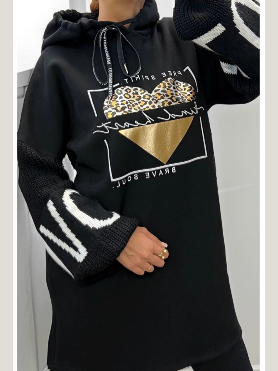 Black Love Heart Oversized Fleeced Hoodie Jumper Dress