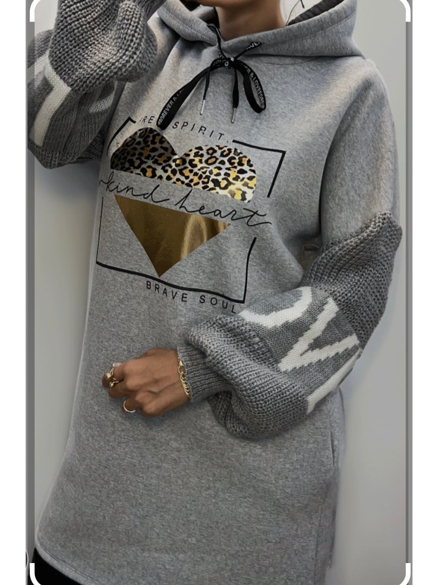 Grey Love Heart Oversized Fleeced Hoodie Jumper Dress